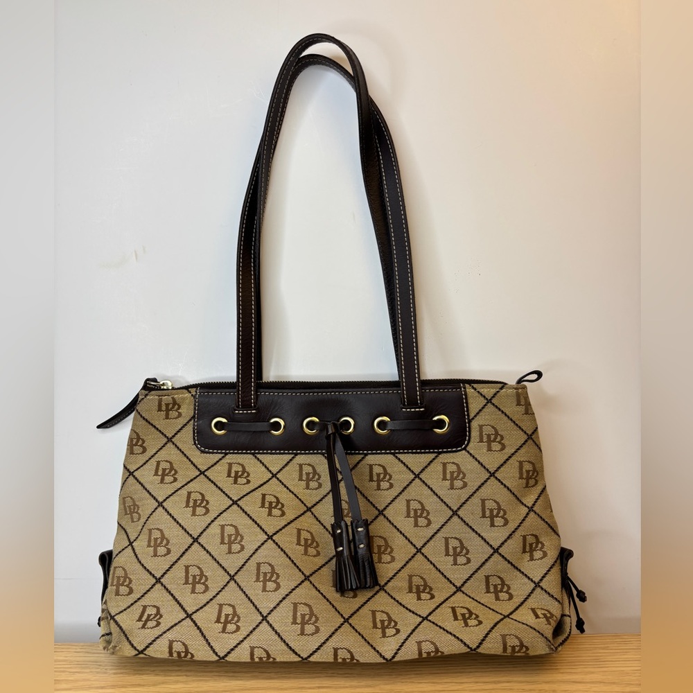 Dooney &‎ Bourke Monogram Canvas Shoulder Bag Brown Leather Trim Tassel Beige